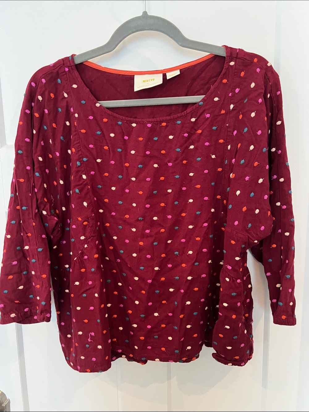 Maeve by Anthropologie Burgundy Scoop Neck Blouse with Multicolor Dot Stitching
